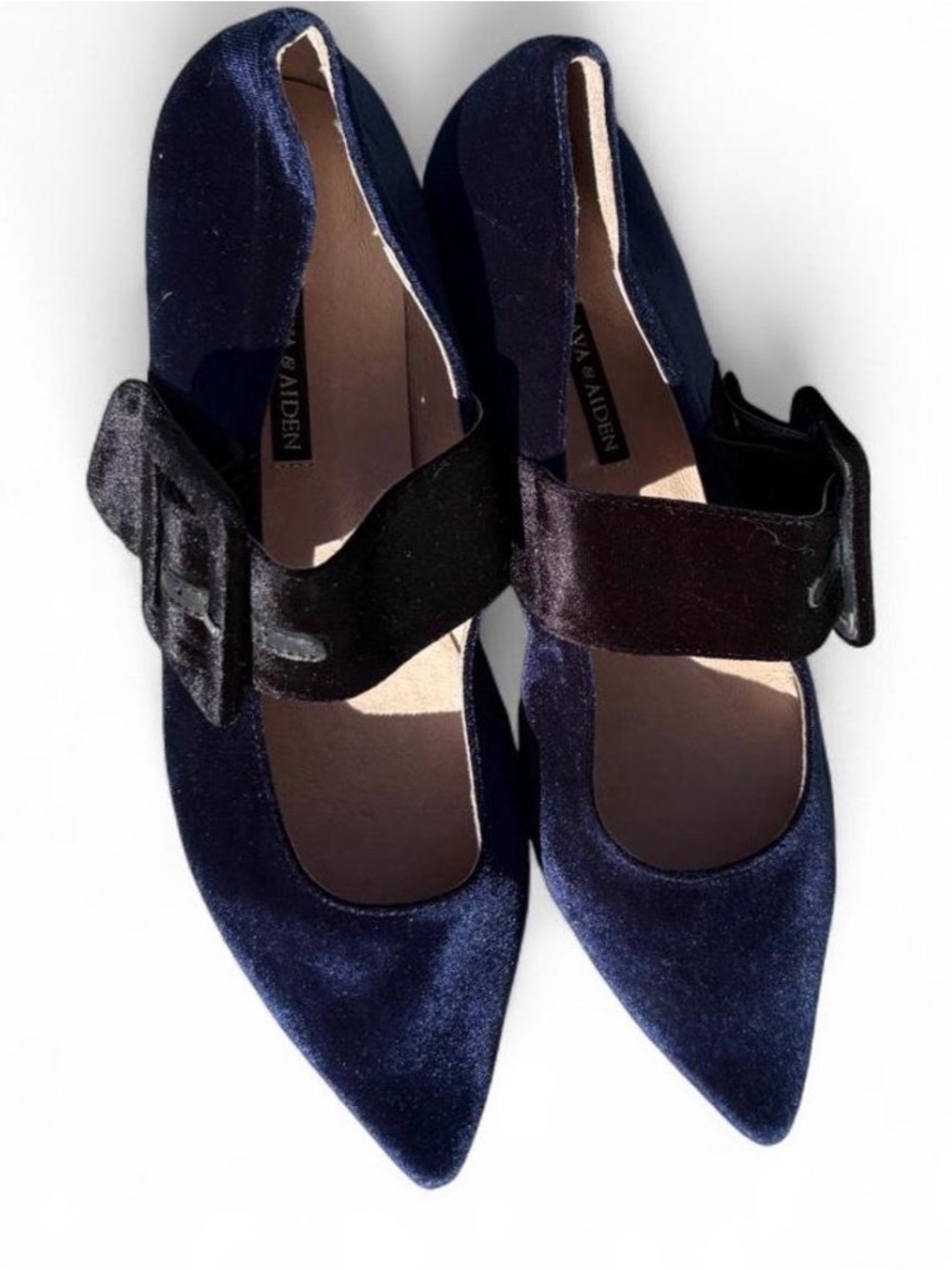 Ava & Aiden Navy Velvet Pointed Mary Jane Flats with Black Strap
